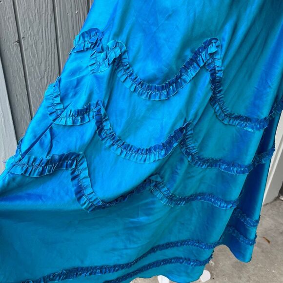VTG 90s Indigo Moon Iridescent Blue Bias Cut Maxi Skirt Ruffle Trim SZ M - Picture 6 of 12